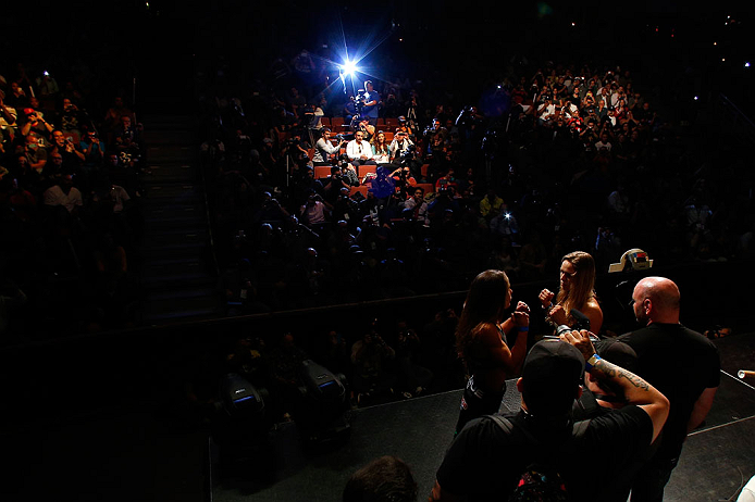 ANAHEIM, CA - FEBRUARY 22:  (R-L) Opponents Ronda Rousey and Liz Carmouche face off during the UFC 157 weigh-in at Honda Center on February 22, 2013 in Anaheim, California.  (Photo by Josh Hedges/Zuffa LLC/Zuffa LLC via Getty Images)