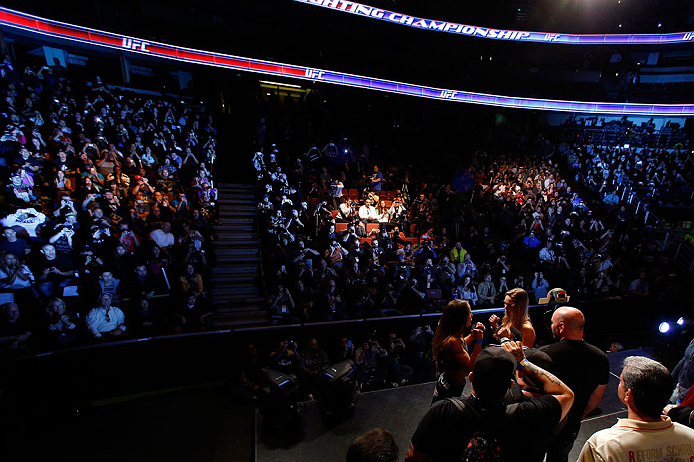 ANAHEIM, CA - FEBRUARY 22:  (R-L) Opponents Ronda Rousey and Liz Carmouche face off during the UFC 157 weigh-in at Honda Center on February 22, 2013 in Anaheim, California.  (Photo by Josh Hedges/Zuffa LLC/Zuffa LLC via Getty Images)