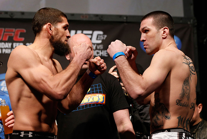 ANAHEIM, CA - FEBRUARY 22:  (L-R) Opponents Court McGee and Josh Neer face off during the UFC 157 weigh-in at Honda Center on February 22, 2013 in Anaheim, California.  (Photo by Josh Hedges/Zuffa LLC/Zuffa LLC via Getty Images)