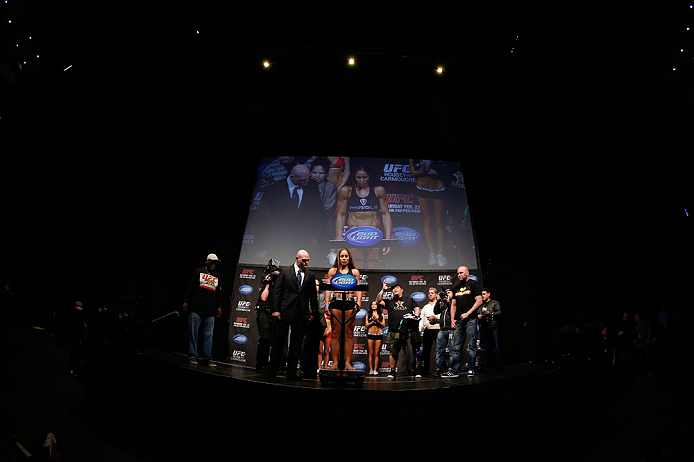 ANAHEIM, CA - FEBRUARY 22:  Liz Carmouche weighs in during the UFC 157 weigh-in at Honda Center on February 22, 2013 in Anaheim, California.  (Photo by Josh Hedges/Zuffa LLC/Zuffa LLC via Getty Images)