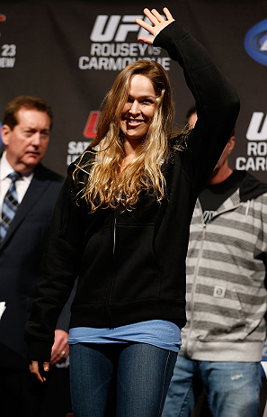 ANAHEIM, CA - FEBRUARY 22:  Ronda Rousey prepares to weigh-in during the UFC 157 weigh-in at Honda Center on February 22, 2013 in Anaheim, California.  (Photo by Josh Hedges/Zuffa LLC/Zuffa LLC via Getty Images)