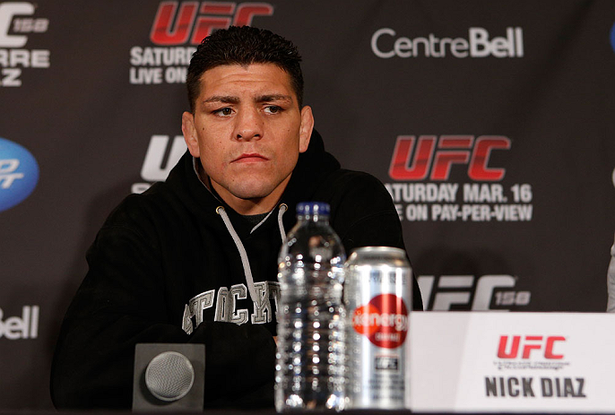 MONTREAL, QC - MARCH 14: Nick Diaz interacts with media during the final press conference ahead of his UFC 158 bout at Bell Centre on March 14, 2013 in Montreal, Quebec, Canada. (Photo by Josh Hedges/Zuffa LLC/Zuffa LLC via Getty Images)