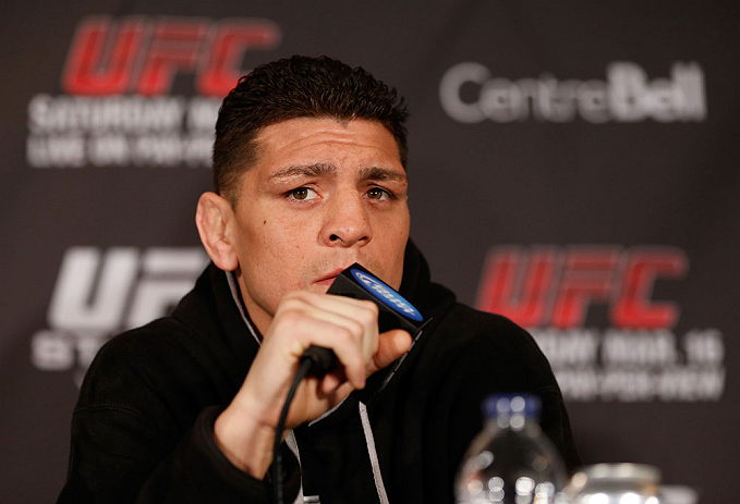MONTREAL, QC - MARCH 14: Nick Diaz interacts with media during the final press conference ahead of his UFC 158 bout at Bell Centre on March 14, 2013 in Montreal, Quebec, Canada. (Photo by Josh Hedges/Zuffa LLC/Zuffa LLC via Getty Images)
