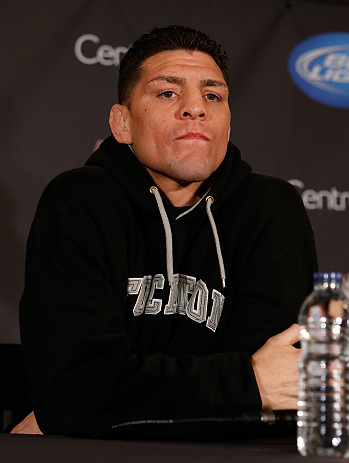 MONTREAL, QC - MARCH 14:  Nick Diaz interacts with media during the final press conference ahead of his UFC 158 bout at Bell Centre on March 14, 2013 in Montreal, Quebec, Canada.  (Photo by Josh Hedges/Zuffa LLC/Zuffa LLC via Getty Images)