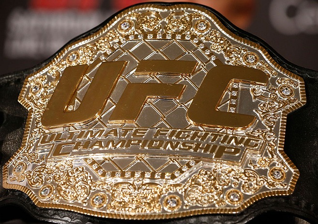 MONTREAL, QC - MARCH 14:  A general view of the UFC welterweight championship belt at the UFC 158 press conference at Bell Centre on March 14, 2013 in Montreal, Quebec, Canada.  (Photo by Josh Hedges/Zuffa LLC/Zuffa LLC via Getty Images)