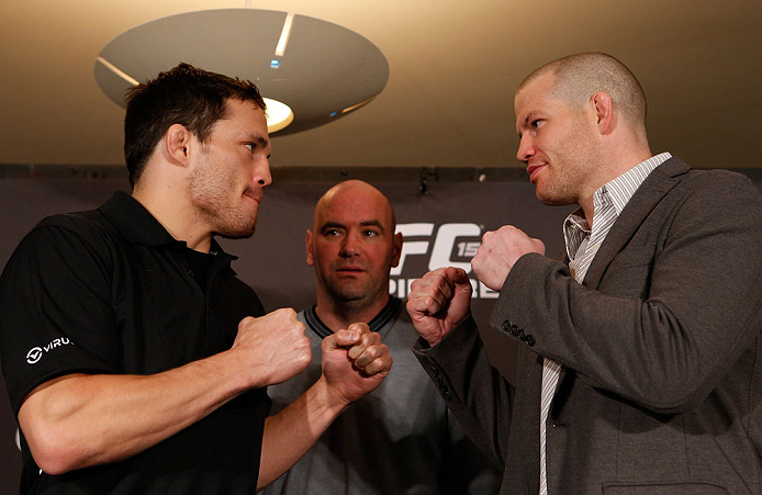 MONTREAL, QC - MARCH 14:  (L-R) Opponents Jake Ellenberger and Nate Marquardt face off during the final press conference ahead of his UFC 158 bout at Bell Centre on March 14, 2013 in Montreal, Quebec, Canada.  (Photo by Josh Hedges/Zuffa LLC/Zuffa LLC via Getty Images)