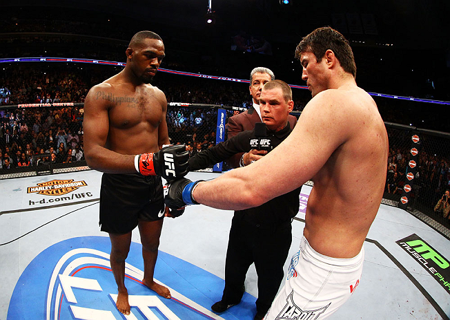 NEWARK, NJ - APRIL 27:  Jon Jones and Chael Sonnen shake hands before their light heavyweight championship bout during the UFC 159 event at the Prudential Center on April 27, 2013 in Newark, New Jersey.  (Photo by Al Bello/Zuffa LLC/Zuffa LLC Via Getty Images)