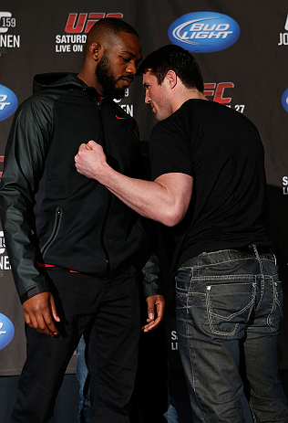 NEW YORK, NY - APRIL 25:   (L-R) Opponents UFC Light Heavyweight Champion Jon "Bones" Jones and Chael Sonnen face off during UFC 159 media day at The Theater at Madison Square Garden on April 25, 2013 in New York City.  (Photo by Josh Hedges/Zuffa LLC/Zuffa LLC via Getty Images)