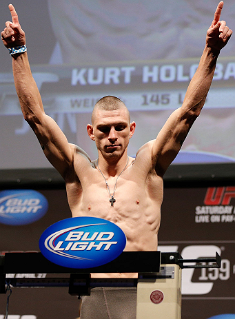 NEWARK, NJ - APRIL 26:   Kurt Holobaugh weighs in during the UFC 159 weigh-in event at the Prudential Center on April 26, 2013 in Newark, New Jersey.  (Photo by Josh Hedges/Zuffa LLC/Zuffa LLC via Getty Images)