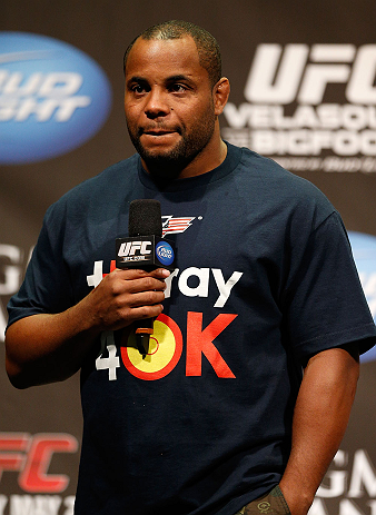 LAS VEGAS, NV - MAY 24: UFC heavyweight contender and former Oklahoma State and Olympic wrestling standout Daniel Cormier interacts with fans during a Q&A session before the UFC 160 weigh-in at the MGM Grand Garden Arena on May 24, 2013 in Las Vegas, Nevada. (Photo by Josh Hedges/Zuffa LLC/Zuffa LLC via Getty Images)