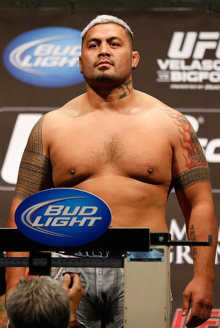 LAS VEGAS, NV - MAY 24:   Mark Hunt weighs in during the UFC 160 weigh-in at the MGM Grand Garden Arena on May 24, 2013 in Las Vegas, Nevada.  (Photo by Josh Hedges/Zuffa LLC/Zuffa LLC via Getty Images)