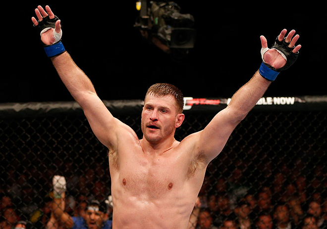 WINNIPEG, CANADA - JUNE 15:  Stipe Miocic reacts after his victory over Roy Nelson in their heavyweight fight during the UFC 161 event at the MTS Centre on June 15, 2013 in Winnipeg, Manitoba, Canada.  (Photo by Josh Hedges/Zuffa LLC/Zuffa LLC via Getty Images)