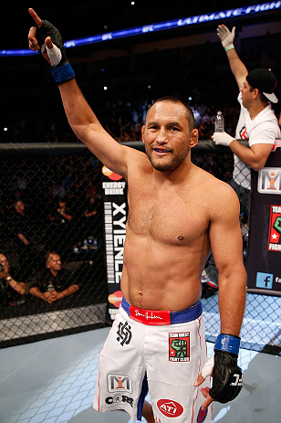 WINNIPEG, CANADA - JUNE 15:  Dan Henderson is introduced before his light heavyweight fight against Rashad Evans during the UFC 161 event at the MTS Centre on June 15, 2013 in Winnipeg, Manitoba, Canada.  (Photo by Josh Hedges/Zuffa LLC/Zuffa LLC via Getty Images)