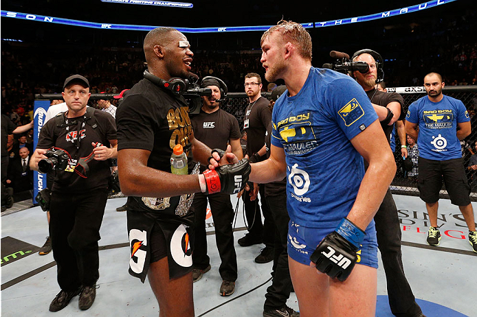 TORONTO, CANADA - SEPTEMBER 21:  (L-R) Jon 'Bones' Jones is congratulated by Alexander Gustafsson after Jones defeated him in five rounds in their UFC light heavyweight championship bout at the Air Canada Center on September 21, 2013 in Toronto, Ontario, Canada. (Photo by Josh Hedges/Zuffa LLC/Zuffa LLC via Getty Images) *** Local Caption *** Jon Jones; Alexander Gustafsson