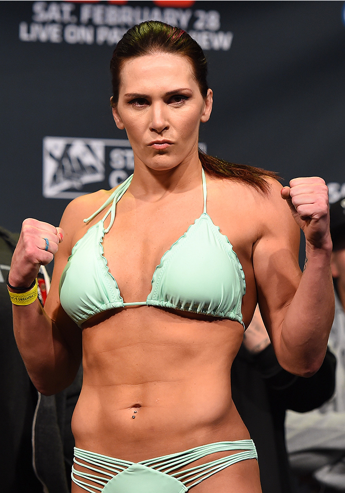 Cat Zingano poses for photos during the UFC 184 weigh-in aty the Event Deck and LA Live on Feb. 27, 2015 in Los Angeles, California (Josh Hedges)