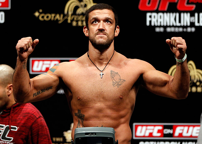 MACAU, MACAU - NOVEMBER 09:  Tom DeBlass makes weight during the UFC Macau weigh in at Cotai Arena on November 9, 2012 in Macau, Macau.  (Photo by Josh Hedges/Zuffa LLC/Zuffa LLC via Getty Images)