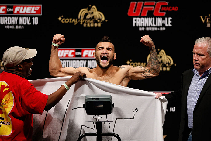 MACAU, MACAU - NOVEMBER 09:  John Lineker makes weight during the UFC Macau weigh in at Cotai Arena on November 9, 2012 in Macau, Macau.  (Photo by Josh Hedges/Zuffa LLC/Zuffa LLC via Getty Images)