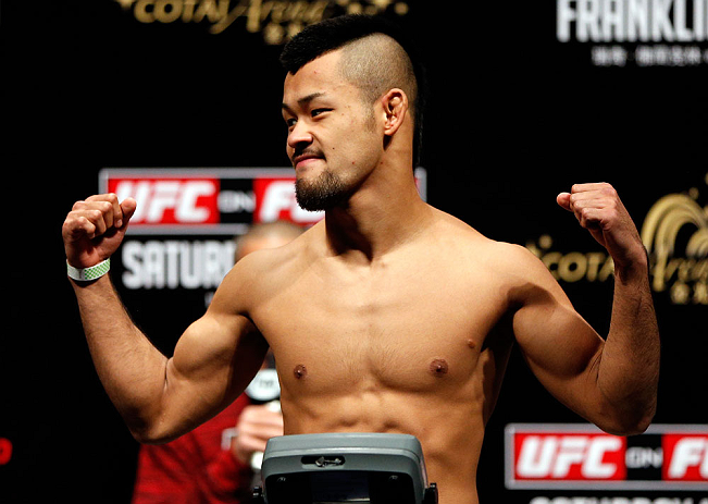MACAU, MACAU - NOVEMBER 09:  Motonobu Tezuka makes weight during the UFC Macau weigh in at Cotai Arena on November 9, 2012 in Macau, Macau.  (Photo by Josh Hedges/Zuffa LLC/Zuffa LLC via Getty Images)