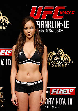 MACAU, MACAU - NOVEMBER 09:  UFC Octagon Girl Jessica Cambensy stands on stage during the UFC Macau weigh in at Cotai Arena on November 9, 2012 in Macau, Macau.  (Photo by Josh Hedges/Zuffa LLC/Zuffa LLC via Getty Images)