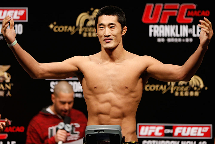 MACAU, MACAU - NOVEMBER 09:  Dong Hyun Kim makes weight during the UFC Macau weigh in at Cotai Arena on November 9, 2012 in Macau, Macau.  (Photo by Josh Hedges/Zuffa LLC/Zuffa LLC via Getty Images)