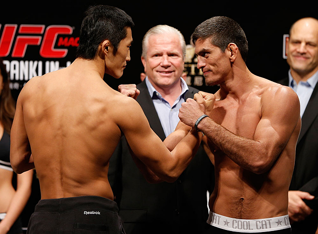 MACAU, MACAU - NOVEMBER 09:  (L-R) Opponents Dong Hyun Kim and Paulo Thiago face off during the UFC Macau weigh in at Cotai Arena on November 9, 2012 in Macau, Macau.  (Photo by Josh Hedges/Zuffa LLC/Zuffa LLC via Getty Images)