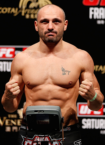 MACAU, MACAU - NOVEMBER 09:  Stanislav Nedkov makes weight during the UFC Macau weigh in at Cotai Arena on November 9, 2012 in Macau, Macau.  (Photo by Josh Hedges/Zuffa LLC/Zuffa LLC via Getty Images)