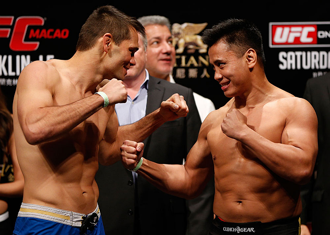 MACAU, MACAU - NOVEMBER 09:  (L-R) Opponents Rich Franklin and Cung Le face off during the UFC Macau weigh in at Cotai Arena on November 9, 2012 in Macau, Macau.  (Photo by Josh Hedges/Zuffa LLC/Zuffa LLC via Getty Images)