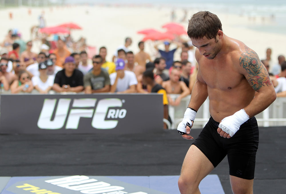 RIO DE JANEIRO, BRAZIL - JANUARY 11: Chad Mendes works out for the media and fans during the UFC 142 Open Workouts at Barra de Tijuca Beach on January 11, 2012 in Rio de Janeiro, Brazil. (Photo by Josh Hedges/Zuffa LLC/Zuffa LLC via Getty Images)