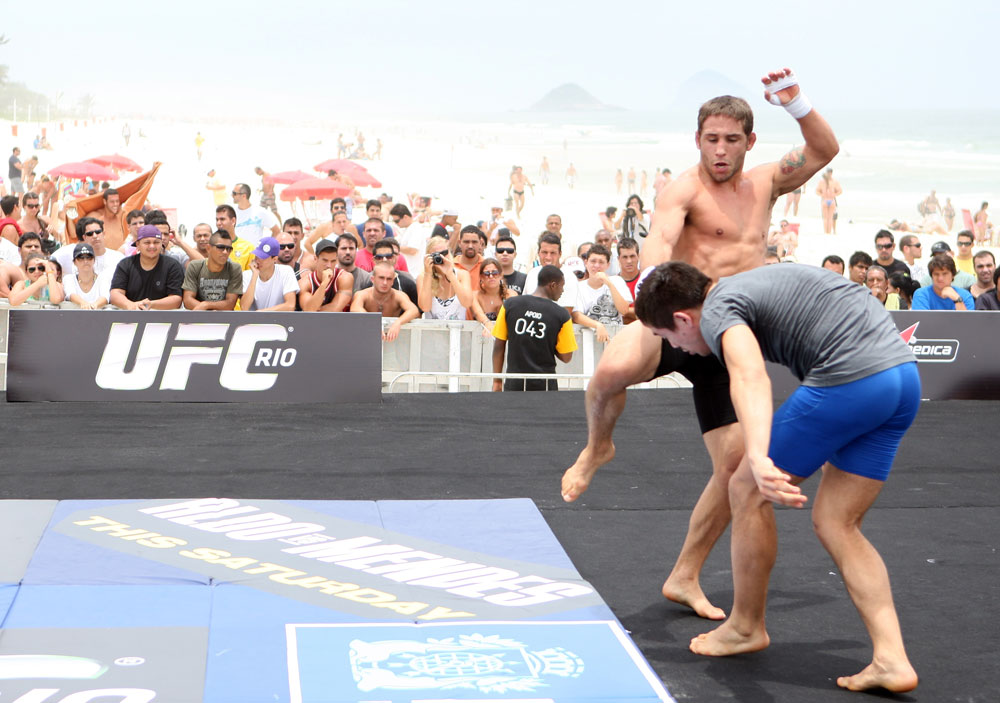 RIO DE JANEIRO, BRAZIL - JANUARY 11:  Chad Mendes works out for the media and fans during the UFC 142 Open Workouts at Barra de Tijuca Beach on January 11, 2012 in Rio de Janeiro, Brazil.  (Photo by Josh Hedges/Zuffa LLC/Zuffa LLC via Getty Images)