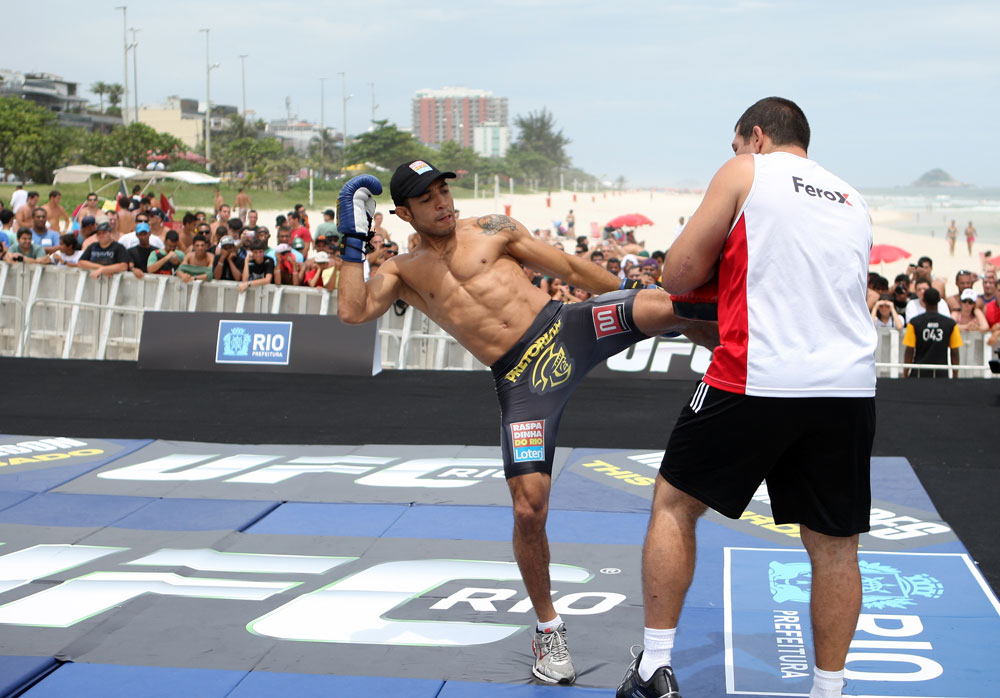 RIO DE JANEIRO, BRAZIL - JANUARY 11:  Jose Aldo works out for the media and fans during the UFC 142 Open Workouts at Barra de Tijuca Beach on January 11, 2012 in Rio de Janeiro, Brazil.  (Photo by Josh Hedges/Zuffa LLC/Zuffa LLC via Getty Images)