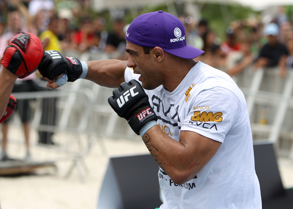 RIO DE JANEIRO, BRAZIL - JANUARY 11:  Vitor Belfort works out for the media and fans during the UFC 142 Open Workouts at Barra de Tijuca Beach on January 11, 2012 in Rio de Janeiro, Brazil.  (Photo by Josh Hedges/Zuffa LLC/Zuffa LLC via Getty Images)