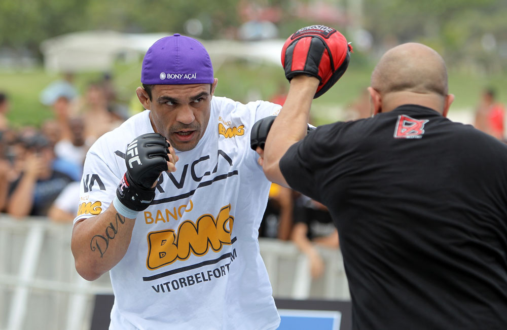 RIO DE JANEIRO, BRAZIL - JANUARY 11:  Vitor Belfort works out for the media and fans during the UFC 142 Open Workouts at Barra de Tijuca Beach on January 11, 2012 in Rio de Janeiro, Brazil.  (Photo by Josh Hedges/Zuffa LLC/Zuffa LLC via Getty Images)