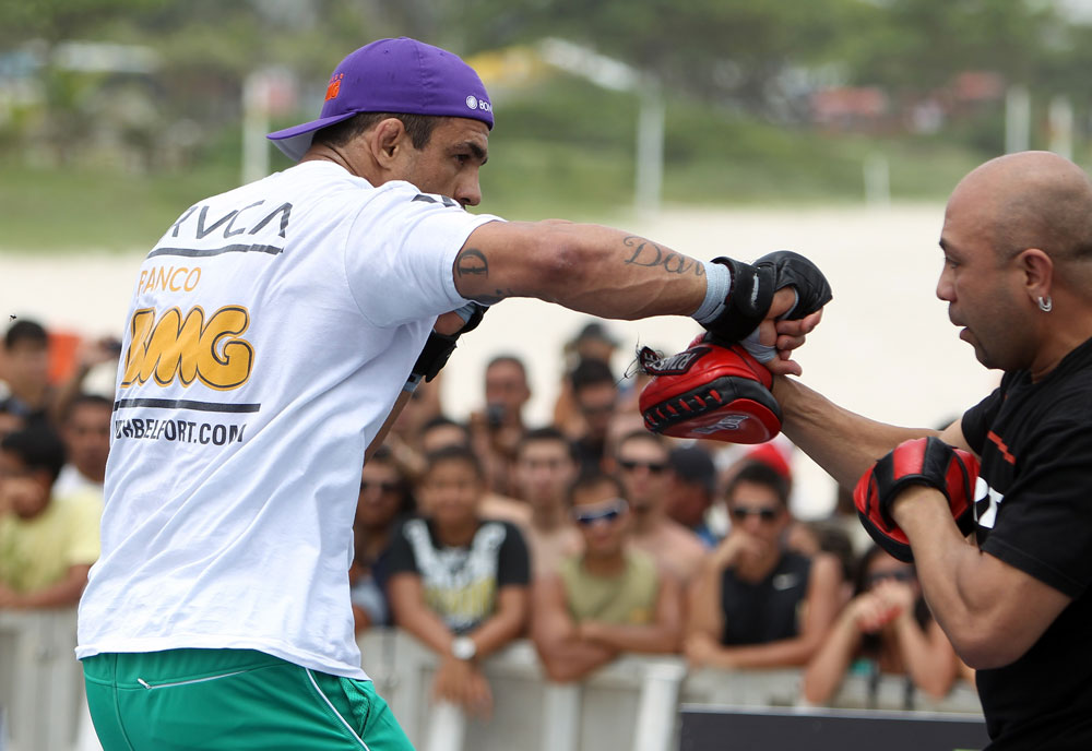 RIO DE JANEIRO, BRAZIL - JANUARY 11:  Vitor Belfort works out for the media and fans during the UFC 142 Open Workouts at Barra de Tijuca Beach on January 11, 2012 in Rio de Janeiro, Brazil.  (Photo by Josh Hedges/Zuffa LLC/Zuffa LLC via Getty Images)