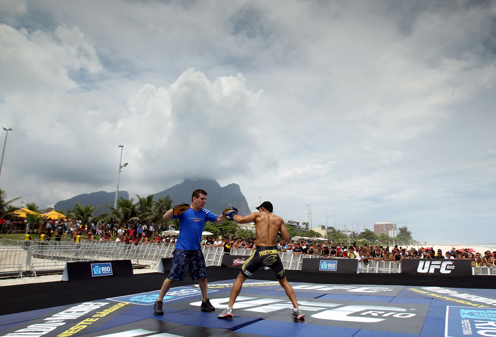 RIO DE JANEIRO, BRAZIL - JANUARY 11:  Jose Aldo works out for the media and fans during the UFC 142 Open Workouts at Barra de Tijuca Beach on January 11, 2012 in Rio de Janeiro, Brazil.  (Photo by Josh Hedges/Zuffa LLC/Zuffa LLC via Getty Images)