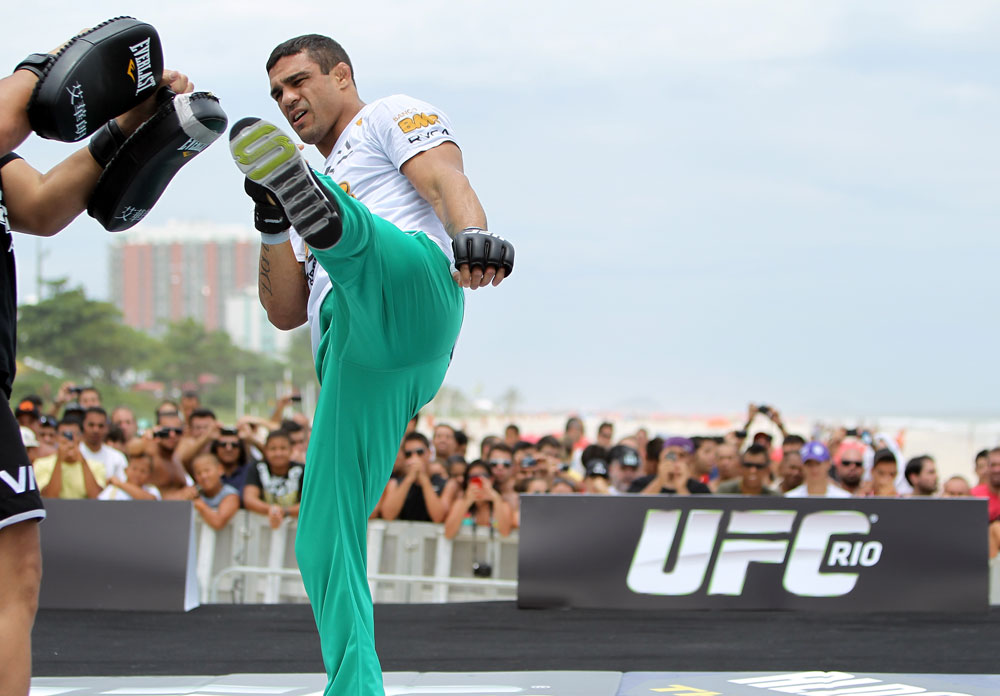 RIO DE JANEIRO, BRAZIL - JANUARY 11:  Vitor Belfort works out for the media and fans during the UFC 142 Open Workouts at Barra de Tijuca Beach on January 11, 2012 in Rio de Janeiro, Brazil.  (Photo by Josh Hedges/Zuffa LLC/Zuffa LLC via Getty Images)