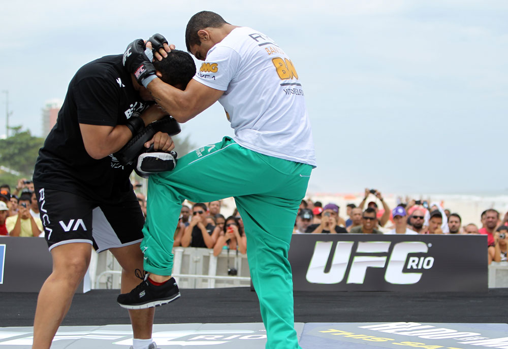 RIO DE JANEIRO, BRAZIL - JANUARY 11:  Vitor Belfort works out for the media and fans during the UFC 142 Open Workouts at Barra de Tijuca Beach on January 11, 2012 in Rio de Janeiro, Brazil.  (Photo by Josh Hedges/Zuffa LLC/Zuffa LLC via Getty Images)