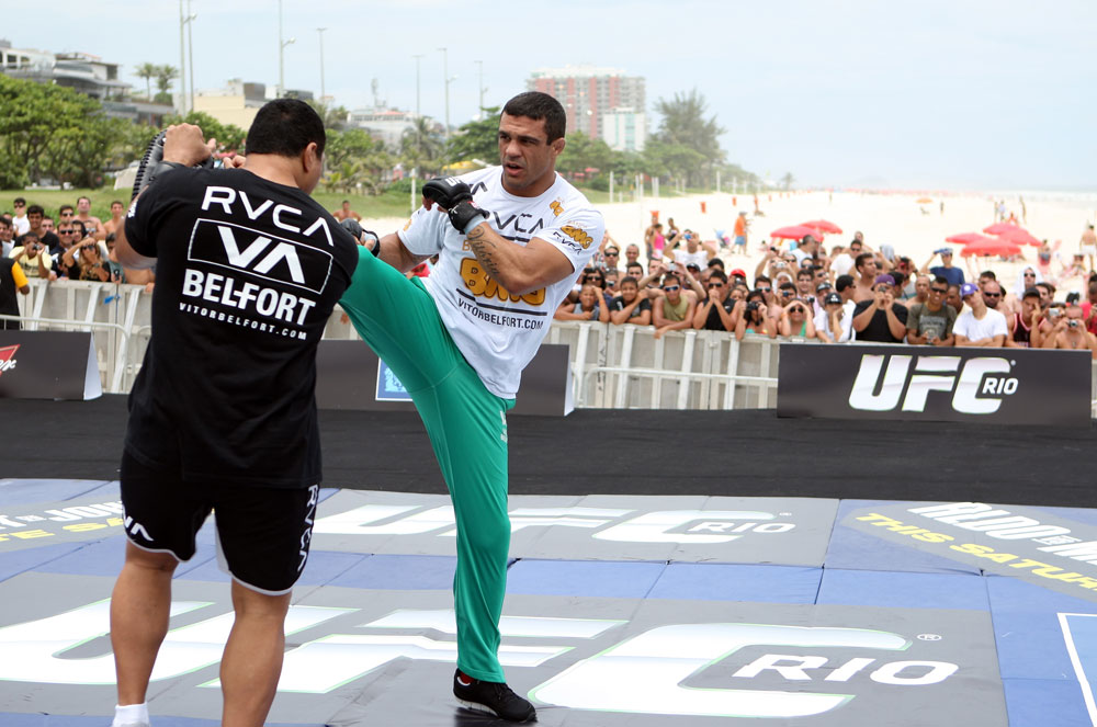 RIO DE JANEIRO, BRAZIL - JANUARY 11:  Vitor Belfort works out for the media and fans during the UFC 142 Open Workouts at Barra de Tijuca Beach on January 11, 2012 in Rio de Janeiro, Brazil.  (Photo by Josh Hedges/Zuffa LLC/Zuffa LLC via Getty Images)