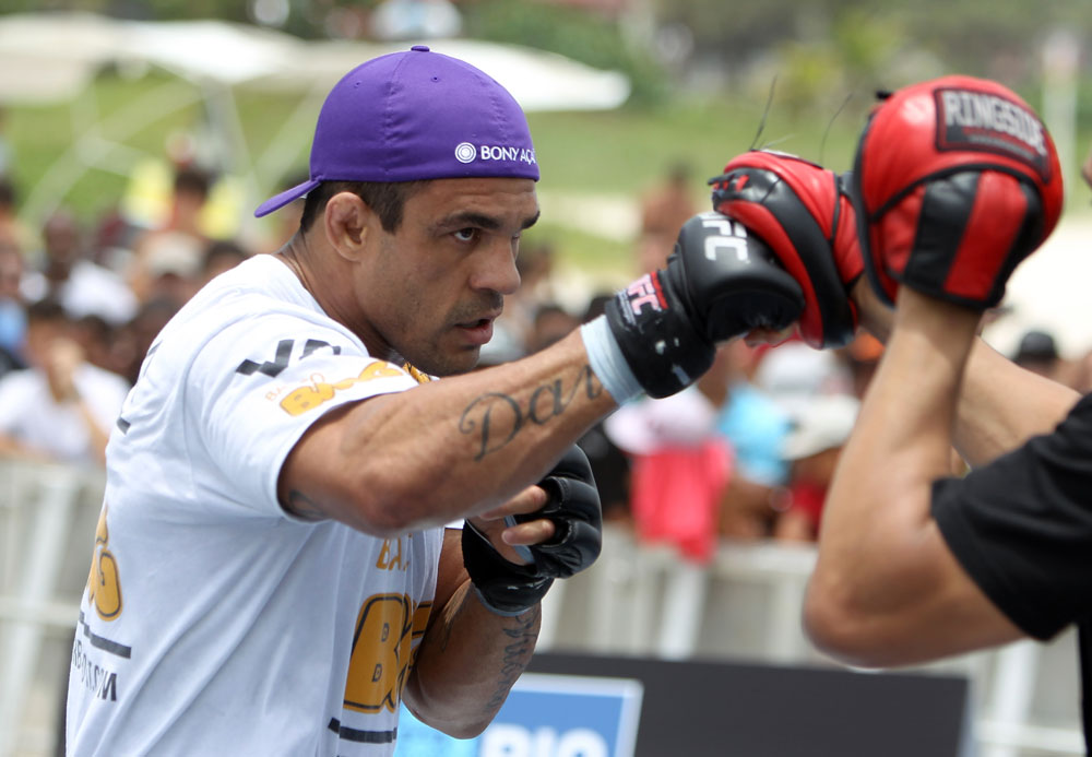 RIO DE JANEIRO, BRAZIL - JANUARY 11:  Vitor Belfort works out for the media and fans during the UFC 142 Open Workouts at Barra de Tijuca Beach on January 11, 2012 in Rio de Janeiro, Brazil.  (Photo by Josh Hedges/Zuffa LLC/Zuffa LLC via Getty Images)