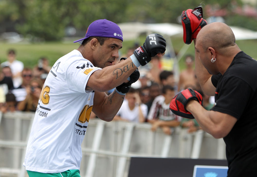 RIO DE JANEIRO, BRAZIL - JANUARY 11:  Vitor Belfort works out for the media and fans during the UFC 142 Open Workouts at Barra de Tijuca Beach on January 11, 2012 in Rio de Janeiro, Brazil.  (Photo by Josh Hedges/Zuffa LLC/Zuffa LLC via Getty Images)