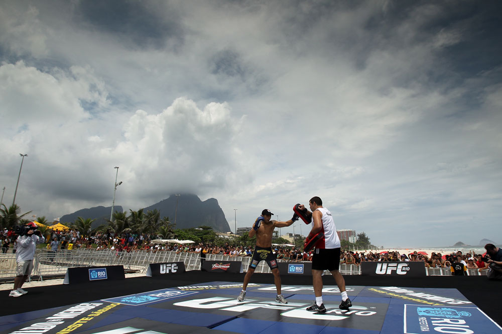 RIO DE JANEIRO, BRAZIL - JANUARY 11:  Jose Aldo works out for the media and fans during the UFC 142 Open Workouts at Barra de Tijuca Beach on January 11, 2012 in Rio de Janeiro, Brazil.  (Photo by Josh Hedges/Zuffa LLC/Zuffa LLC via Getty Images)