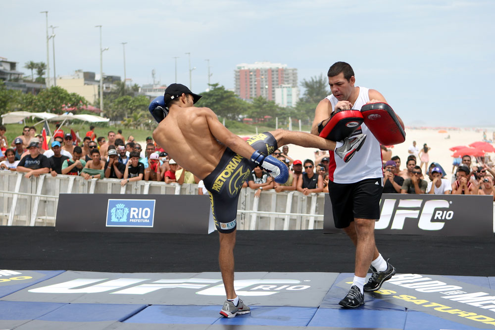RIO DE JANEIRO, BRAZIL - JANUARY 11:  Jose Aldo works out for the media and fans during the UFC 142 Open Workouts at Barra de Tijuca Beach on January 11, 2012 in Rio de Janeiro, Brazil.  (Photo by Josh Hedges/Zuffa LLC/Zuffa LLC via Getty Images)