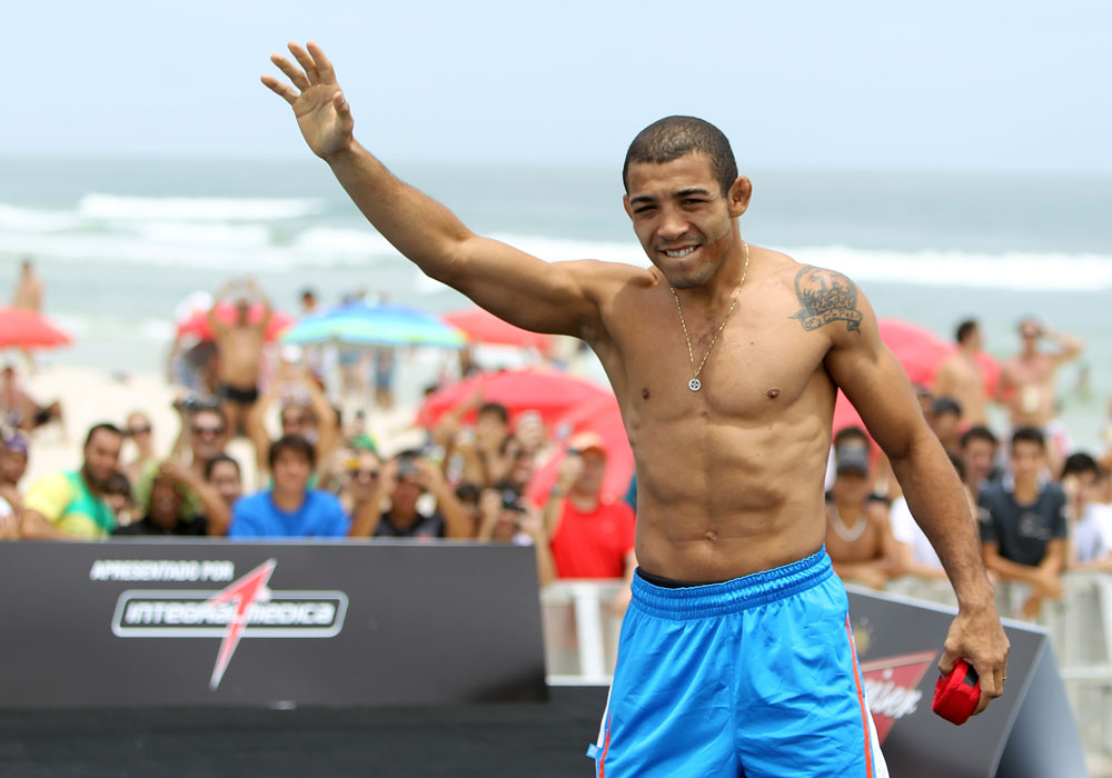 RIO DE JANEIRO, BRAZIL - JANUARY 11:  Jose Aldo works out for the media and fans during the UFC 142 Open Workouts at Barra de Tijuca Beach on January 11, 2012 in Rio de Janeiro, Brazil.  (Photo by Josh Hedges/Zuffa LLC/Zuffa LLC via Getty Images)