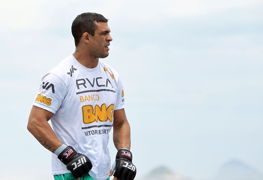 RIO DE JANEIRO, BRAZIL - JANUARY 11:  Vitor Belfort works out for the media and fans during the UFC 142 Open Workouts at Barra de Tijuca Beach on January 11, 2012 in Rio de Janeiro, Brazil.  (Photo by Josh Hedges/Zuffa LLC/Zuffa LLC via Getty Images)