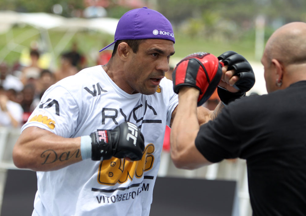 RIO DE JANEIRO, BRAZIL - JANUARY 11:  Vitor Belfort works out for the media and fans during the UFC 142 Open Workouts at Barra de Tijuca Beach on January 11, 2012 in Rio de Janeiro, Brazil.  (Photo by Josh Hedges/Zuffa LLC/Zuffa LLC via Getty Images)