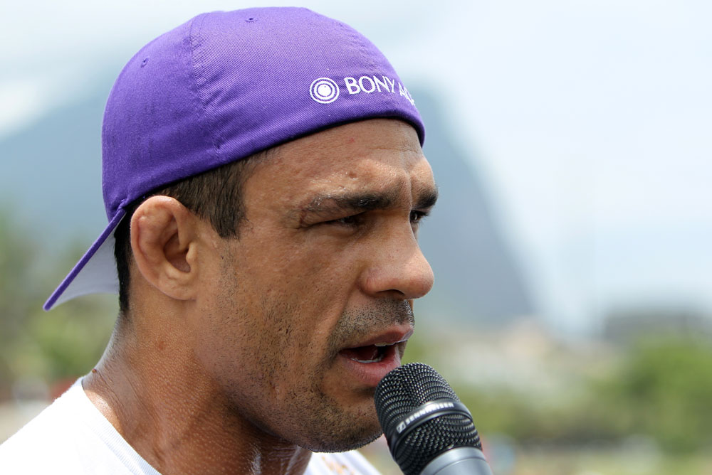 RIO DE JANEIRO, BRAZIL - JANUARY 11:  Vitor Belfort is interviewed after working out during the UFC 142 Open Workouts at Barra de Tijuca Beach on January 11, 2012 in Rio de Janeiro, Brazil.  (Photo by Josh Hedges/Zuffa LLC/Zuffa LLC via Getty Images)