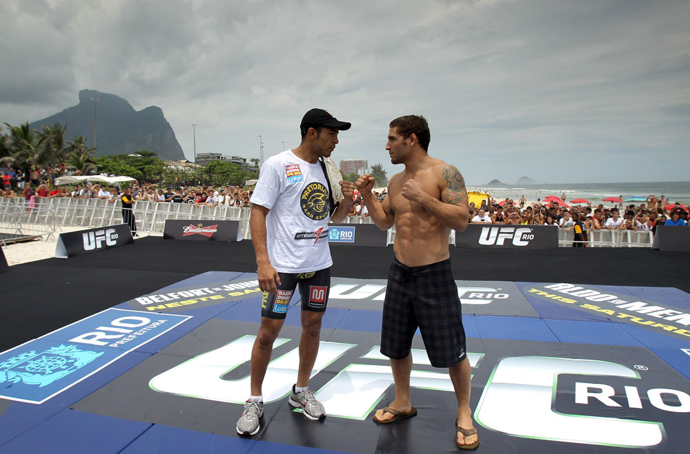 RIO DE JANEIRO, BRAZIL - JANUARY 11:  (L-R) UFC Featherweight Champion Jose Aldo and challenger Chad Mendes face off during the UFC 142 Open Workouts at Barra de Tijuca Beach on January 11, 2012 in Rio de Janeiro, Brazil.  (Photo by Josh Hedges/Zuffa LLC/Zuffa LLC via Getty Images)