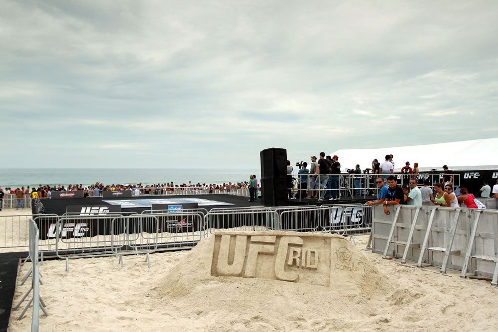 RIO DE JANEIRO, BRAZIL - JANUARY 11:  A general view of the mat area before the UFC 142 Open Workouts at Barra de Tijuca Beach on January 11, 2012 in Rio de Janeiro, Brazil.  (Photo by Josh Hedges/Zuffa LLC/Zuffa LLC via Getty Images)
