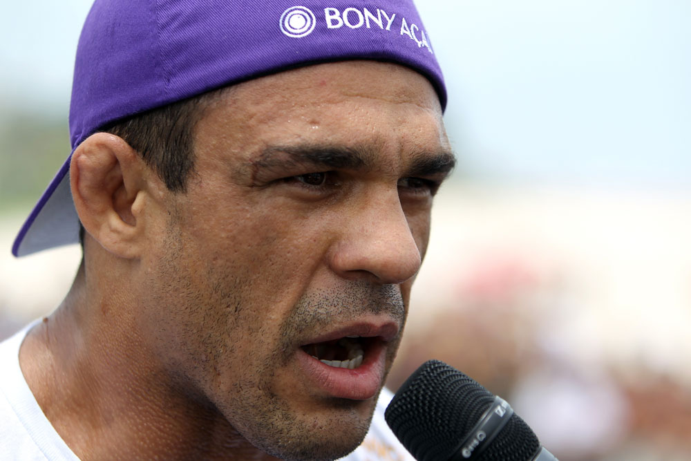 RIO DE JANEIRO, BRAZIL - JANUARY 11:  Vitor Belfort is interviewed after working out during the UFC 142 Open Workouts at Barra de Tijuca Beach on January 11, 2012 in Rio de Janeiro, Brazil.  (Photo by Josh Hedges/Zuffa LLC/Zuffa LLC via Getty Images)