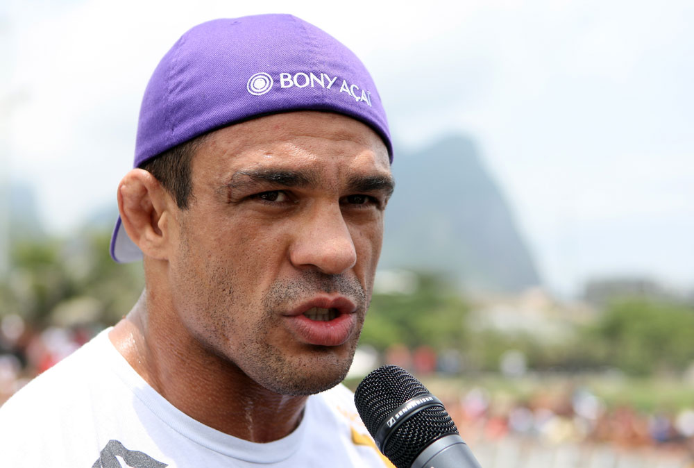RIO DE JANEIRO, BRAZIL - JANUARY 11:  Vitor Belfort is interviewed after working out during the UFC 142 Open Workouts at Barra de Tijuca Beach on January 11, 2012 in Rio de Janeiro, Brazil.  (Photo by Josh Hedges/Zuffa LLC/Zuffa LLC via Getty Images)
