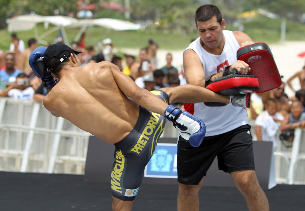RIO DE JANEIRO, BRAZIL - JANUARY 11:  Jose Aldo works out for the media and fans during the UFC 142 Open Workouts at Barra de Tijuca Beach on January 11, 2012 in Rio de Janeiro, Brazil.  (Photo by Josh Hedges/Zuffa LLC/Zuffa LLC via Getty Images)
